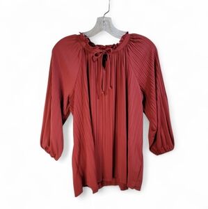 Investments Dark Red Small Top Balloon Sleeve Ruffle‎ Collar Keyhole Neckline